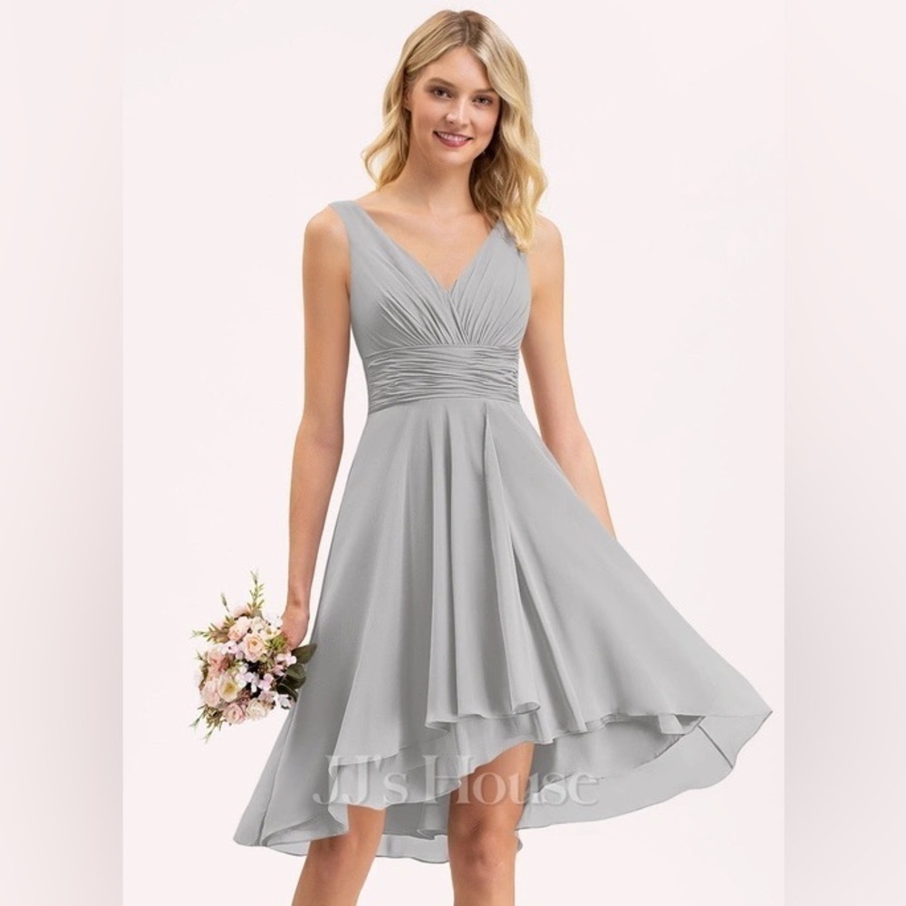 JJ’s House Gray Chiffon High-Low Bridesmaid Dress Sz 8 V-Neck Ruched Formal